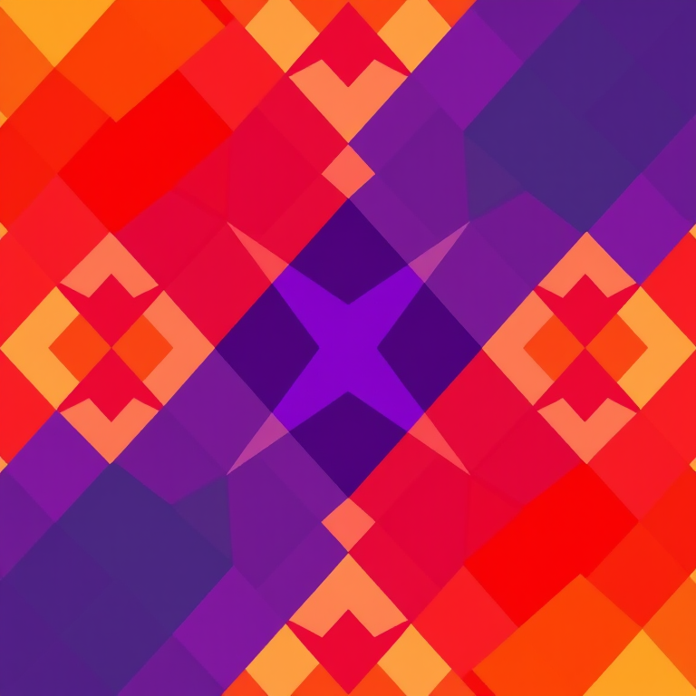 Create a vibrant geometric pattern with alternating diamonds in shades of red, orange, purple, and yellow, using a DSLR camera with a 50mm lens, aperture set to f/1.8, ISO 100, and focus mode set to manual for sharp details, capturing from a top-down view.