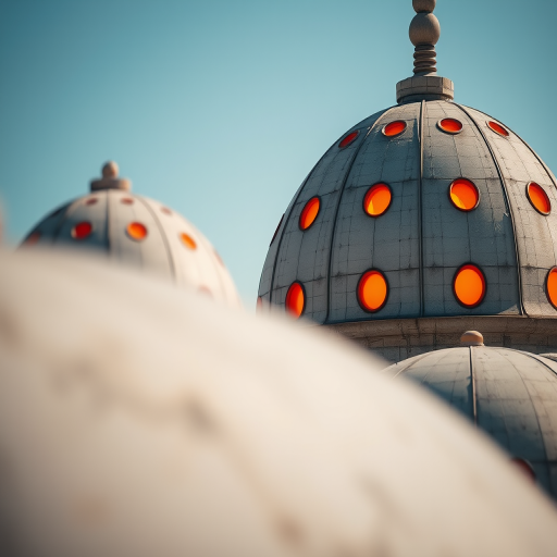 Capture a close-up shot of concrete domes with orange lights, using a DSLR camera at f/4, ISO 100, 1/250s, with a shallow depth of field and natural sunlight to enhance texture and contrast.
