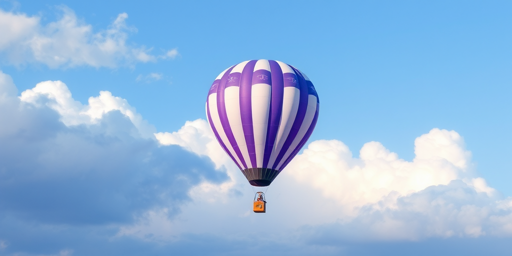 Create a high-resolution watercolor illustration of a purple and white striped hot air balloon floating in a blue sky filled with soft clouds, captured in a vibrant, dreamy style using a Canon EOS 5D Mark IV at f/8, ISO 200, shutter speed 1/125 sec, with a 50mm lens.