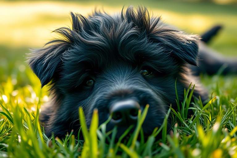 Capture a close-up shot of a fluffy black dog lying on green grass in soft natural light, using a DSLR camera with a 50mm lens, aperture f/1.8, shutter speed 1/200s, ISO 200, focus mode set to single point, and a low angle perspective to emphasize the dog's expression.