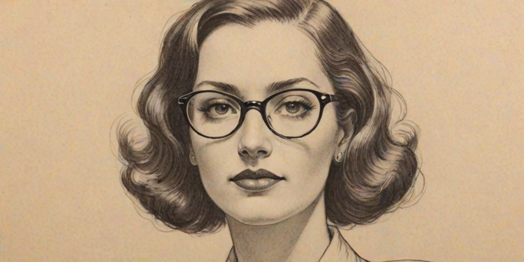 Wonderful Raven Symon', pencil sketch, portrait of Appealing woman 1930s in glasses, hair style beatnik, outline, clear lines, fine lines, 8k