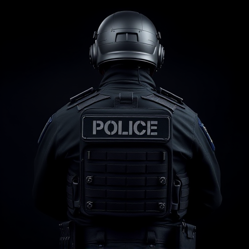 Generate an image of a police officer in tactical gear standing from the back, DSLR camera, 50mm lens, aperture f/1.8, ISO 200, shallow depth of field, high-resolution, studio lighting.