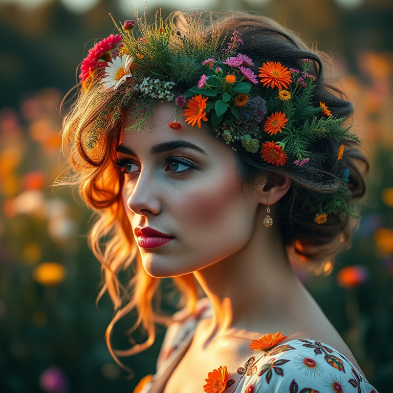 Create a surreal portrait of a woman with her hair transformed into a vibrant landscape filled with flowers and trees, using a Canon EOS R5 with a 50mm f/1.2 lens, aperture set to f/2.8, ISO 100, shot in natural light at golden hour, capturing vivid colors and intricate details to enhance image quality.