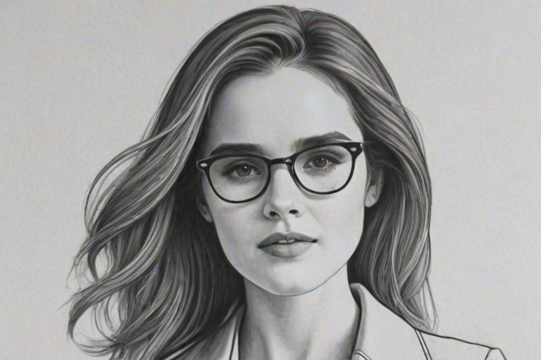 Pleasing Zoey Deutch, pencil sketch, portrait of Splendid woman 1969s in glasses, hair style beatnik, outline, clear lines, fine lines, 8k