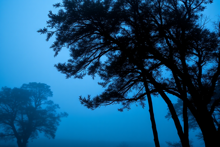 Create a serene landscape with silhouettes of trees in the foreground against a misty blue background, taken with a DSLR camera at f/4, 50mm lens, ISO 200, and a soft focus effect for a dreamy atmosphere.