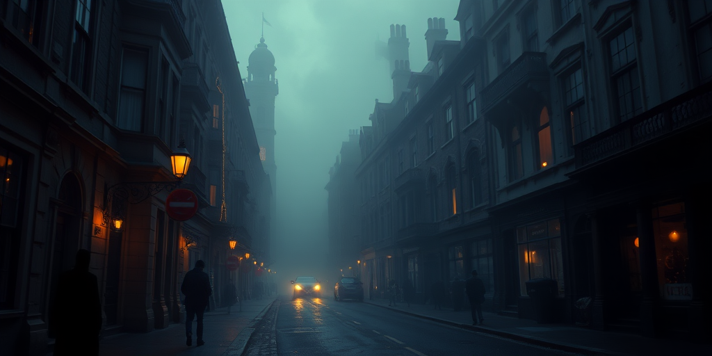 Regenerate a foggy, atmospheric street scene in a Victorian city at dusk with intricate architectural details, featuring shadowy figures and dimly lit windows, using a DSLR camera with a 24mm lens, f/2.8 aperture, ISO 100, and a low-angle perspective to create depth and enhance the mysterious ambiance.