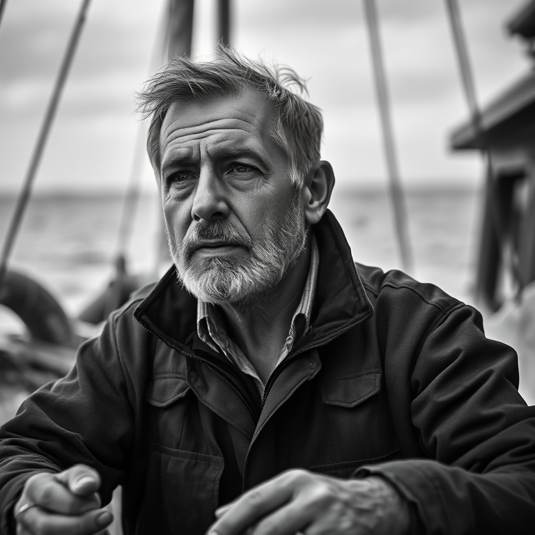 Capture a candid portrait of a middle-aged man deep in thought while working on a boat, using a Canon EOS R5 with a 50mm f/1.8 lens, aperture set to f/2.8 for soft background blur, shutter speed at 1/125s, ISO 200, in black and white for dramatic effect, shot from eye level to convey intimacy.