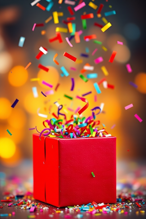 Generate an image of a bright red gift box with its lid open, colorful confetti and streamers swirling out of it in a festive manner, shot with a DSLR camera at f/1.8 aperture, ISO 100, 50mm lens, in a shallow depth of field for a soft background blur, using a vibrant color palette and dynamic composition.