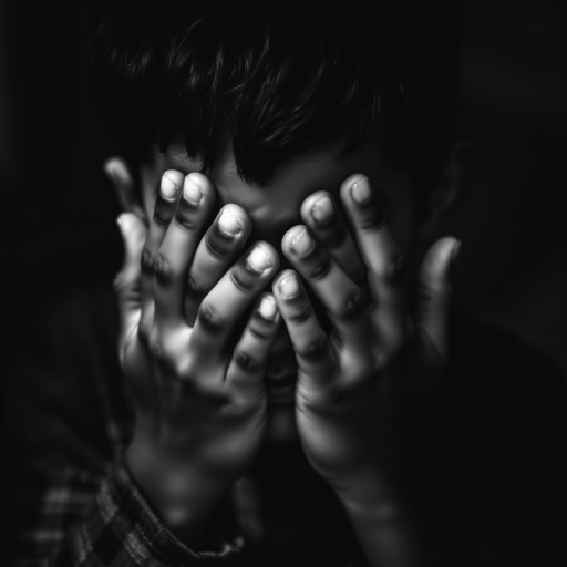 Create a black and white portrait of a boy with his hands covering his face, using a shallow depth of field, aperture f/1.8, shutter speed 1/125s, ISO 100, natural light, with a soft focus background, taken from a low angle to emphasize emotion and create dramatic shadows.