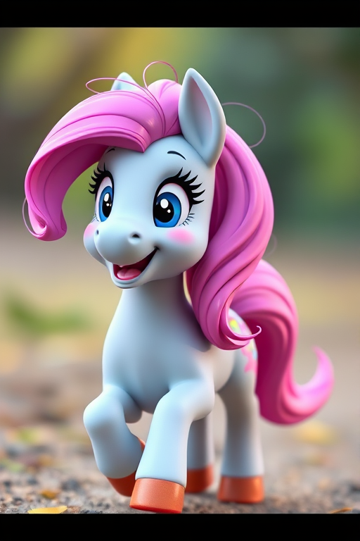 A cartoon pony with pink and purple mane, smiling and trotting, captured with a DSLR camera at f/2.8 aperture, ISO 100, 50mm lens, vibrant colors, soft focus background, front three-quarter view.