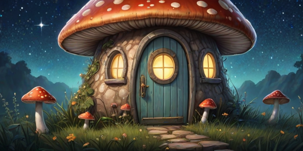 generate illustration of a mushroom house with a door and a window, a storybook , fantasy art, mushroom house, bg starry sky, sparkles