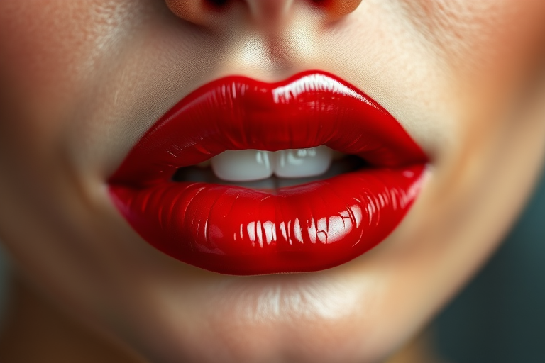 Stunning close-up of glossy ruby red lips with a subtle ombre effect, showcasing plump and hydrated appearance, reflecting light beautifully in high resolution