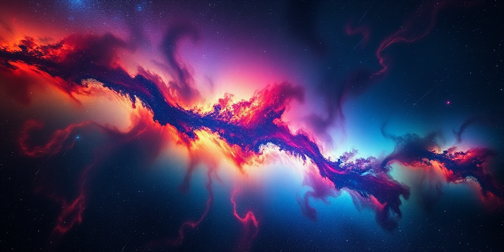 A vibrant cosmic landscape with colorful nebulae, swirling clouds, and distant stars, captured with a DSLR camera at f/8, ISO 100, 25mm lens, wide-angle view, HDR style, emphasizing rich details and deep contrasts.