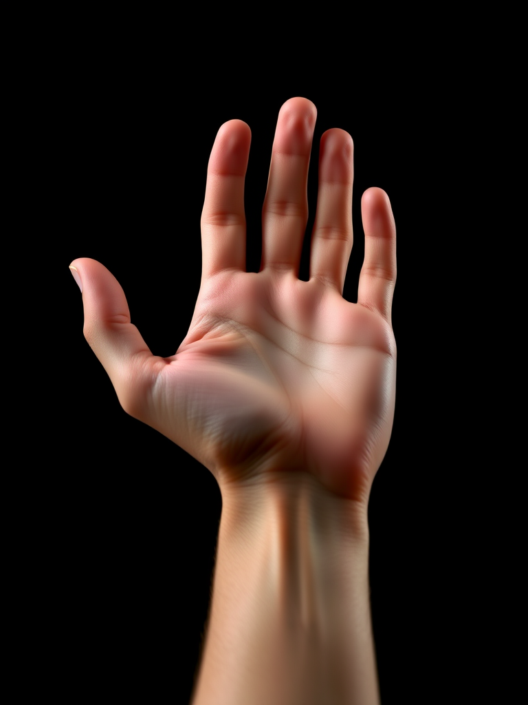 Generate a high-quality image of a hand extended in a palm-up position, using a Canon EOS R5 camera, 50mm lens, aperture f/1.8, ISO 100, and a shallow depth of field, with soft studio lighting and a plain black background for contrast.