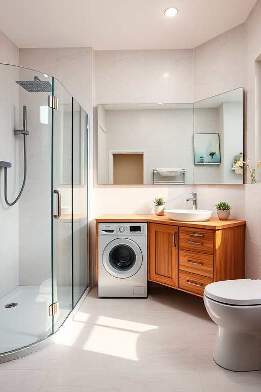 Generate a high-resolution image of a modern bathroom featuring a glass shower, wooden vanity, washing machine, and large mirrors, photography settings: 24mm lens, f/8 aperture, ISO 200, natural lighting, taken with a DSLR camera at eye level.