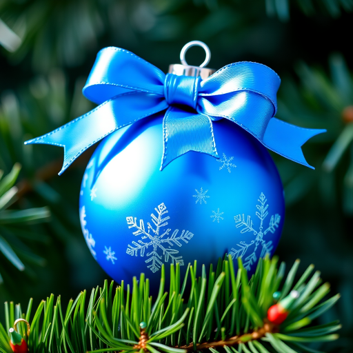 Create a realistic image of a blue Christmas ornament with snowflake designs and a matching bow, captured with a DSLR camera at f/1.8 aperture, ISO 100, 50mm lens, using soft focus and natural lighting to enhance details and colors.