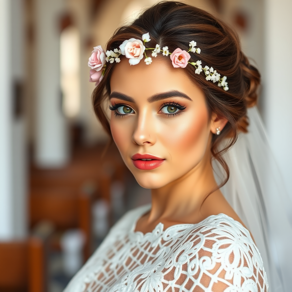 church scene, bridal model, delicate lace gown, floral headpiece, soft romantic focus, high-key lighting and an 85mm lens for soft, even tones that highlight the model’s face and bright outfit against a white or light background