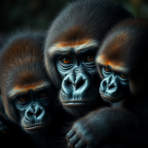 Capture an intimate portrait of a family of gorillas with soft, natural lighting, 85mm lens, f/4 aperture, ISO 200, depicting their expressive eyes and detailed fur textures against a dark background, with a slight bokeh effect for depth.