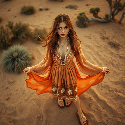 Desert setting, bohemian model, flowy dresses, earthy tones, rustic sunset effect,  equipped with a 12mm lens to capture an overhead view of the model, emphasizing symmetry and spatial positioning