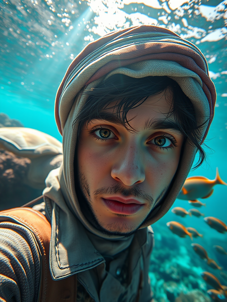 Realistic selfie image of a Middle Eastern, wearing a vintage outfit, detailed dreamy eyes, droopy hooded eyes, staring at the camera, taken underwater at coral reef with a sunbeam filtering through the water, vibrant, summer vacation, natural lighting, turtle and school of tropical fish with vibrant colors, rendered in the style of CryEngine, Pegi Nicol MacLeod, with realistic genre scenes, hauntingly beautiful narratives, ultra-realism, and Thomas Saliot's close-up technique, 8K resolution, crystal clear and sparkling water.