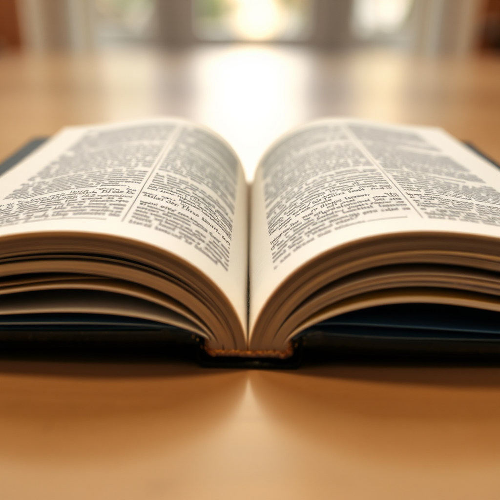 a high-resolution image of an open book viewed from a top-down angle, using a DSLR camera with a 50mm lens, f/2.8 aperture, ISO 100, natural lighting, with a soft focus background to enhance the book's details