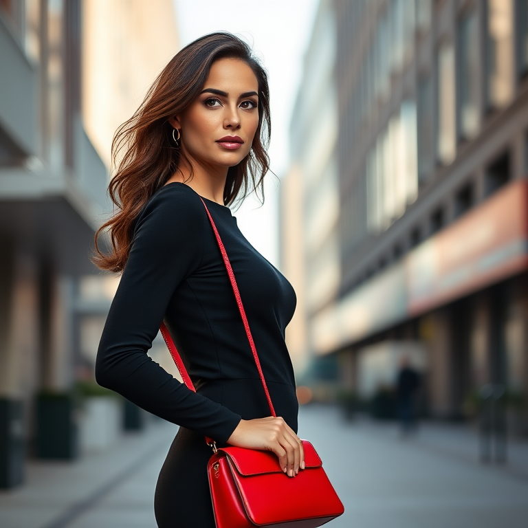 Portrait of a woman standing confidently in an urban setting, wearing a fitted black outfit and holding a red handbag, captured with a Canon EOS R5, 85mm lens, f/1.8 aperture, ISO 100, natural sunlight for a soft glow, focusing on depth of field and sharp details.