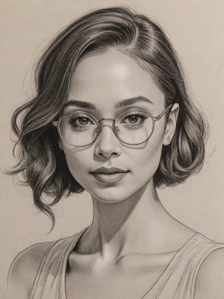 Fascinating Cara Santana, pencil sketch, portrait of Radiant woman 1927s in glasses, hair style beatnik, outline, clear lines, fine lines, 8k