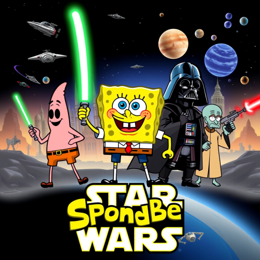 Create a parody of the Star Wars poster with SpongeBob as Luke Skywalker, holding a glowing spatula like a lightsaber. Patrick Star takes the role of Han Solo, holding a blaster, while Squidward is Obi-Wan Kenobi, draped in robes. In the background, Plankton appears as Darth Vader, with Bikini Bottom’s landmarks reimagined as spaceships and planets. The iconic Star Wars logo is swapped for "Sponge Wars," creating a playful, sci-fi adventure scene.