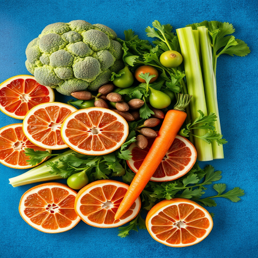 Capture a still life of fresh vegetables including broccoli, celery, lettuce, and carrots alongside sliced grapefruits on a textured blue background, using a DSLR camera with a 50mm lens at f/2.8, ISO 100, and a shutter speed of 1/125 sec, top-down view with natural lighting to enhance colors and details.