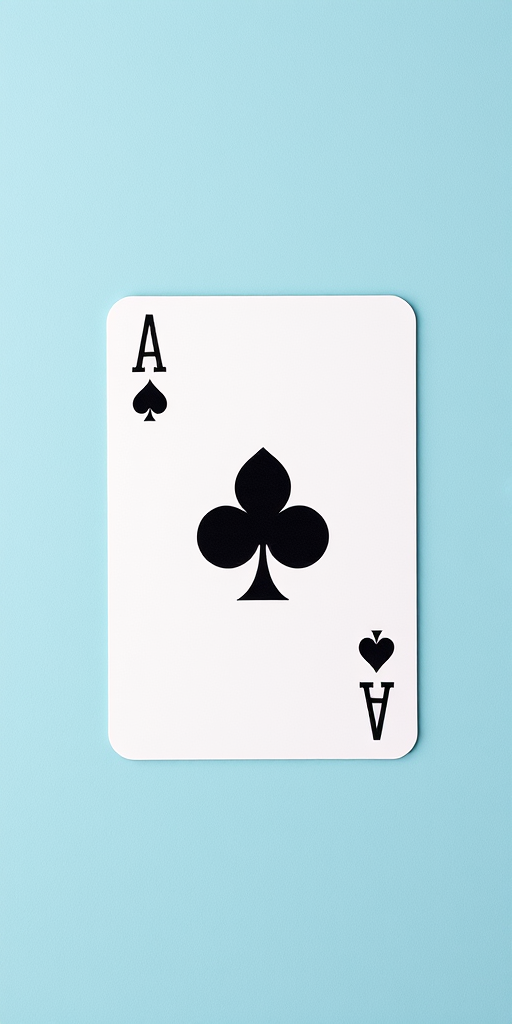 Create a high-resolution image of an Ace of Clubs playing card on a light blue background, using a DSLR camera with a 50mm lens, aperture set to f/2.8, ISO 100, and a soft-focus effect to enhance depth.