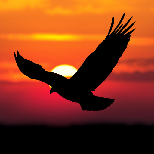 Generate a high-resolution illustration of a black silhouette of a soaring eagle against a sunset background, captured with a DSLR camera, 50mm lens, aperture f/1.8, ISO 100, shallow depth of field, vibrant colors and sharp contrast to enhance image quality.