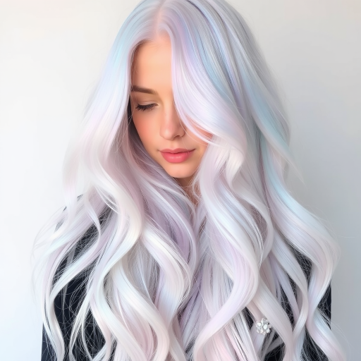 Ethereal image showcases Opal Dreamscape long hair, iridescent white base with pastel pink, blue, and lavender highlights, styled in loose ethereal waves with crystal hair pins