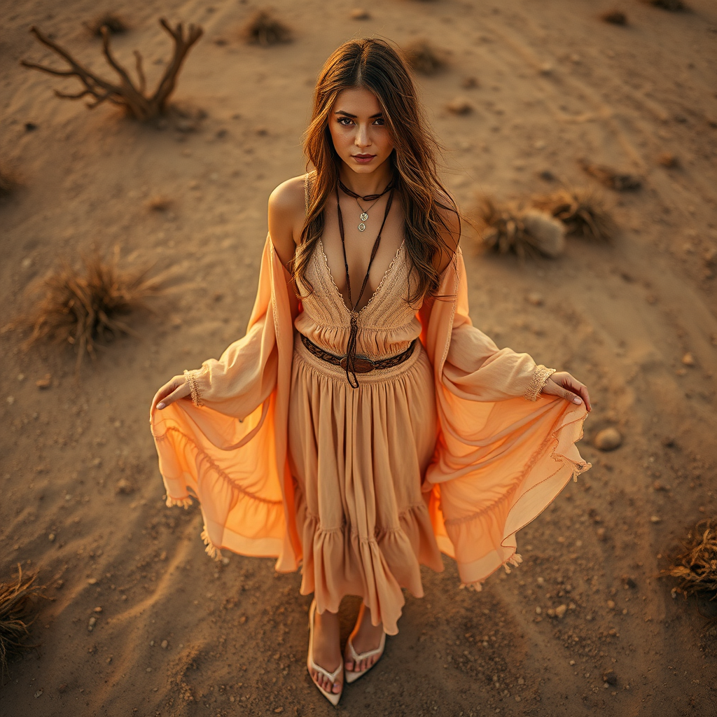 Desert setting, bohemian model, flowy dresses, earthy tones, rustic sunset effect,  equipped with a 12mm lens to capture an overhead view of the model, emphasizing symmetry and spatial positioning
