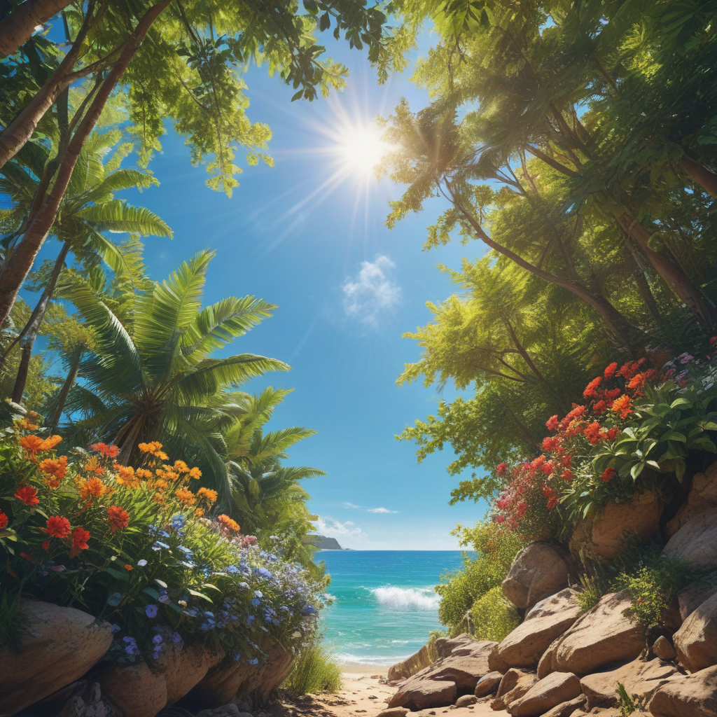 A Serene Tropical Paradise with Lush Greenery and Vibrant Flowers by ...
