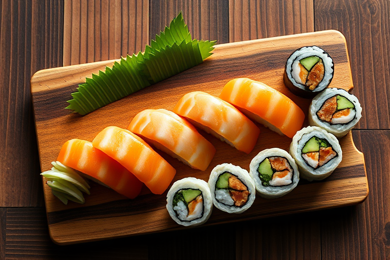 Create a high-resolution image of sushi placed on a wooden board with shrimp nigiri and maki rolls, using a DSLR camera set to f/2.8, ISO 200, and 1/60s shutter speed, from a top-down view with natural lighting for enhanced texture and detail.