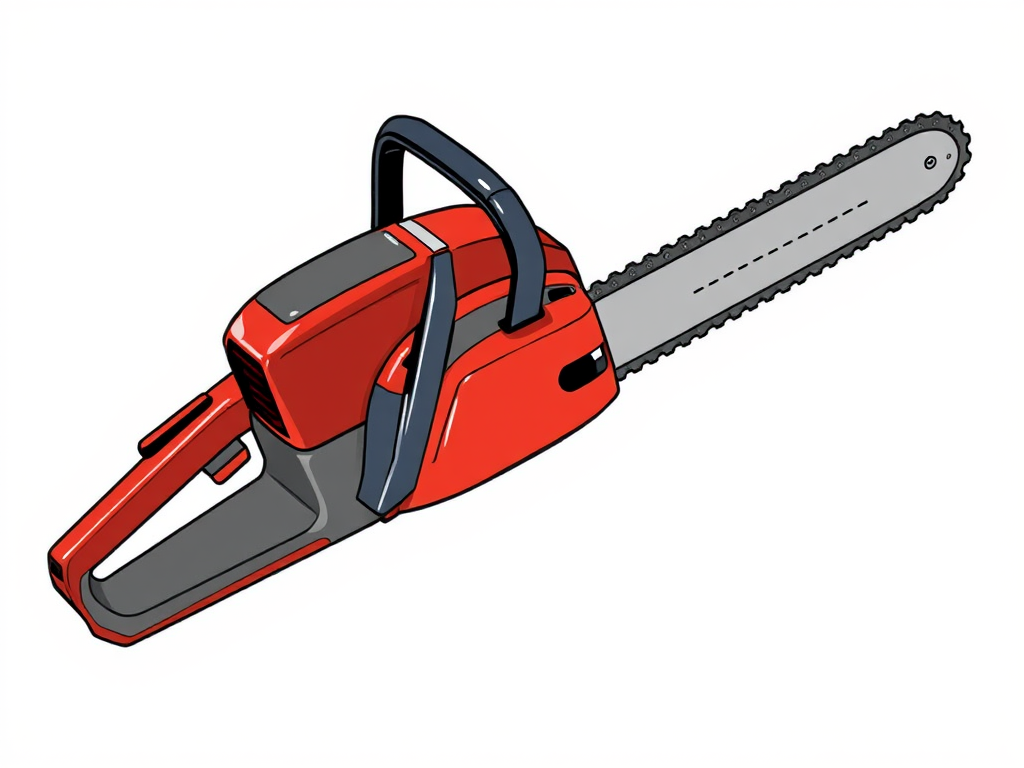 Create a high-resolution illustration of a stylized red chainsaw, featuring a sleek body design and detailed chain, captured from a slightly elevated angle, using a digital camera with a wide aperture of f/2.8, ISO 100, and a focal length of 35mm to enhance clarity and contrast.
