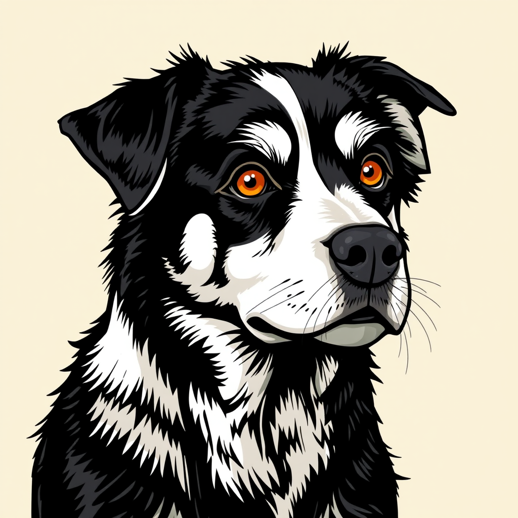 Create a detailed illustration of a black and white dog with striking amber eyes. The dog's face should be prominent and expressive, featuring a mix of fur textures. The background should be a soft, neutral color to enhance the dog's features. The overall style should be bold and graphic, emphasizing the dog's unique characteristics.