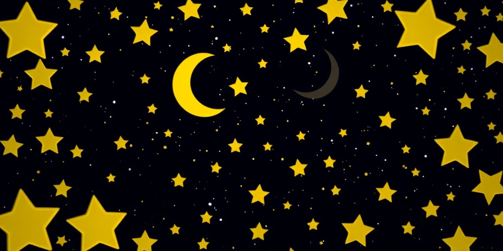Create a whimsical night sky filled with a multitude of vibrant yellow stars scattered across a deep black background, featuring a smiling crescent moon; use a Canon EOS R5, 50mm lens, f/2.8 aperture, ISO 100, exposure time of 1/60s, shot in macro style for enhanced detail and clarity.