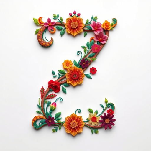 Create an ornate letter Z with intricate floral designs in vibrant colors, captured with a DSLR camera, 50mm lens, f/2.8 aperture, ISO 100, in a well-lit studio setting, top-down view, high-resolution.