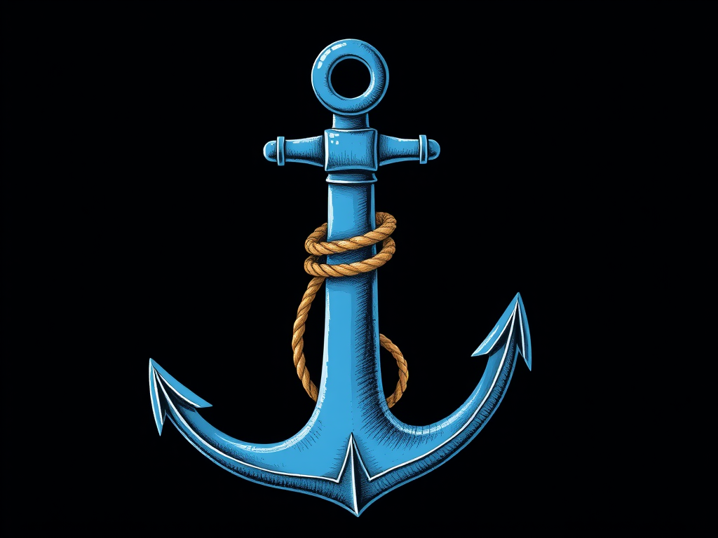 Create a detailed illustration of a blue anchor wrapped with a rope against a solid black background, using a DSLR camera setup with a 50mm lens, aperture f/2.8, ISO 100, and a soft focus effect to enhance clarity and texture.