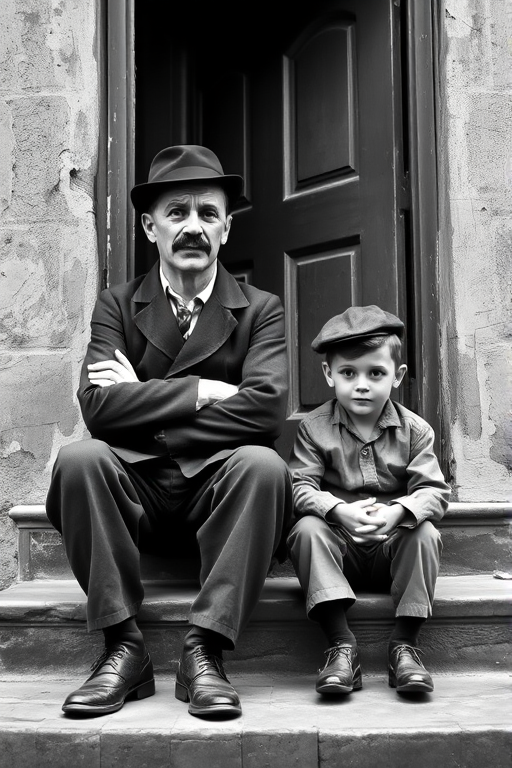A black-and-white photograph of a man and a child sitting on steps in front of a doorway. The man is dressed as a tramp with a bowler hat, mustache, and ragged clothes, reminiscent of Charlie Chaplin's iconic look. He is sitting with his arms crossed and an expression of slight sadness or frustration. Next to him is a young boy, also in worn clothes and a cap, sitting with his hands clasped, looking thoughtful. The background is an old, textured wall and a partially open door, creating a vintage, early 20th-century atmosphere.