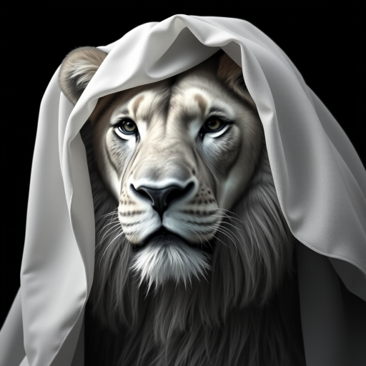 A hyper-realistic digital portrait of an lion with fabric draped over its head. The fabric is sheer and lightweight, allowing the contours of the lion’s face to show through, including its ears, eyes, and nose. The texture of the fabric is smooth and flowing, with delicate folds and creases that suggest softness and movement. The lion’s expression is serene and contemplative. The image focuses on the interplay of light and shadow on the fabric and the lion's face, creating a monochromatic palette of whites and grays. The background is a simple, nondescript dark shade to highlight the subject.