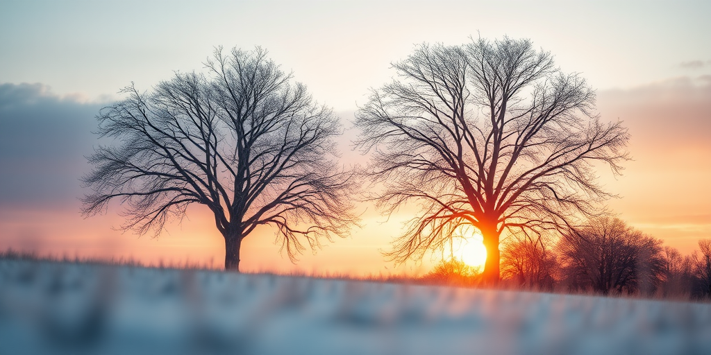 Regenerate a serene landscape scene featuring two trees in a winter setting with soft pastel colors, focus on a warm orange sunset, use a DSLR camera with a 50mm lens, aperture f/8, ISO 200, shot from a low angle to emphasize the foreground, soft focus effect to enhance the dreamy quality.
