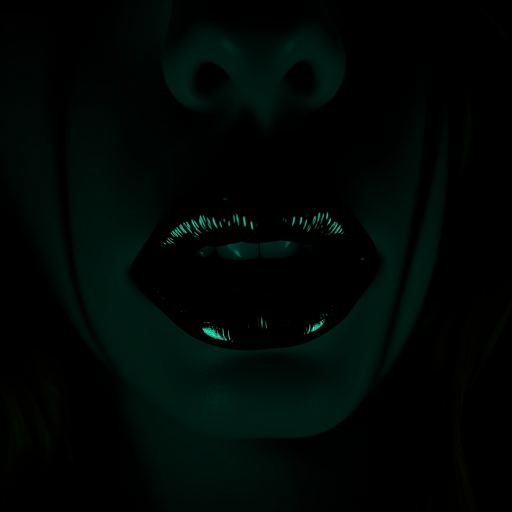 Mysterious dark emerald lips with a glossy sheen, showcasing rich jewel tones and depth, captured in a moody and atmospheric night-time portrait