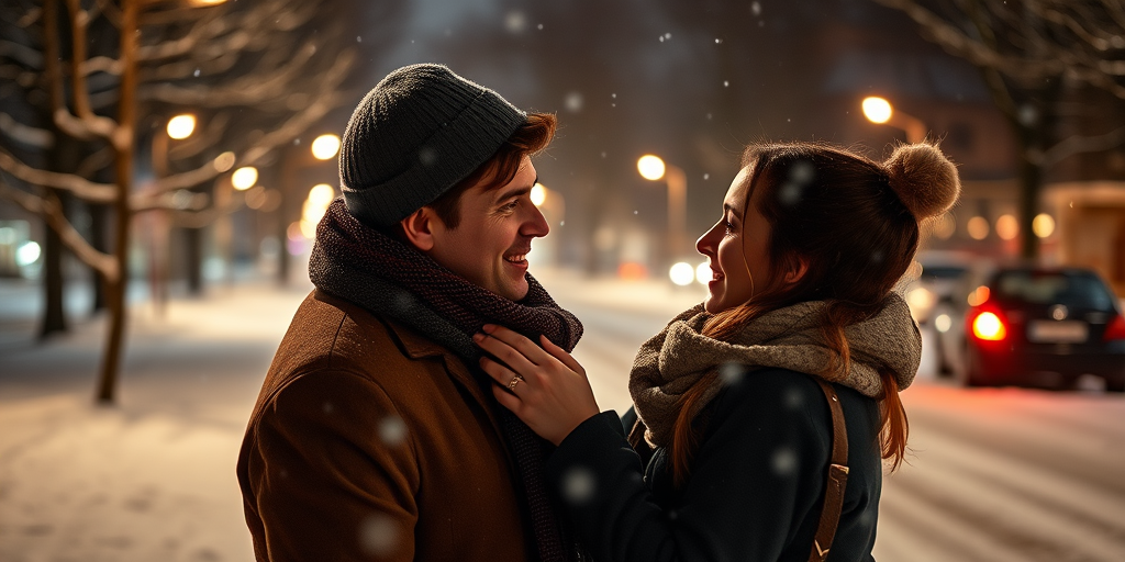 Create a romantic winter scene featuring a couple outdoors at night, capturing a warm moment as the man adjusts the woman's scarf, soft snow falling around them, with a softly lit background of trees and a car in the distance; use a Canon EOS 5D Mark IV, aperture f/2.8, ISO 400, 50mm lens, and a shallow depth of field to enhance focus on the couple while gently blurring the background.