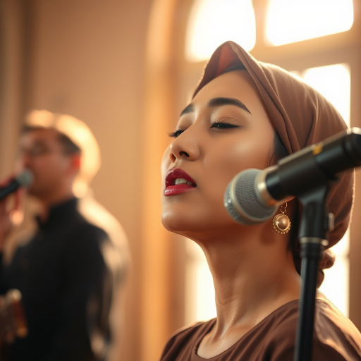 A close-up portrait of a asian woman with her eyes closed, singing into a microphone, positioned on the right side of the frame, facing the viewer. She is wearing a brown headscarf, gold earrings, and a brown blouse, and is bathed in warm, golden light emanating from the windows behind her. A blurred figure of a man singing into a microphone is visible in the background. The scene has a sense of calm and spirituality.