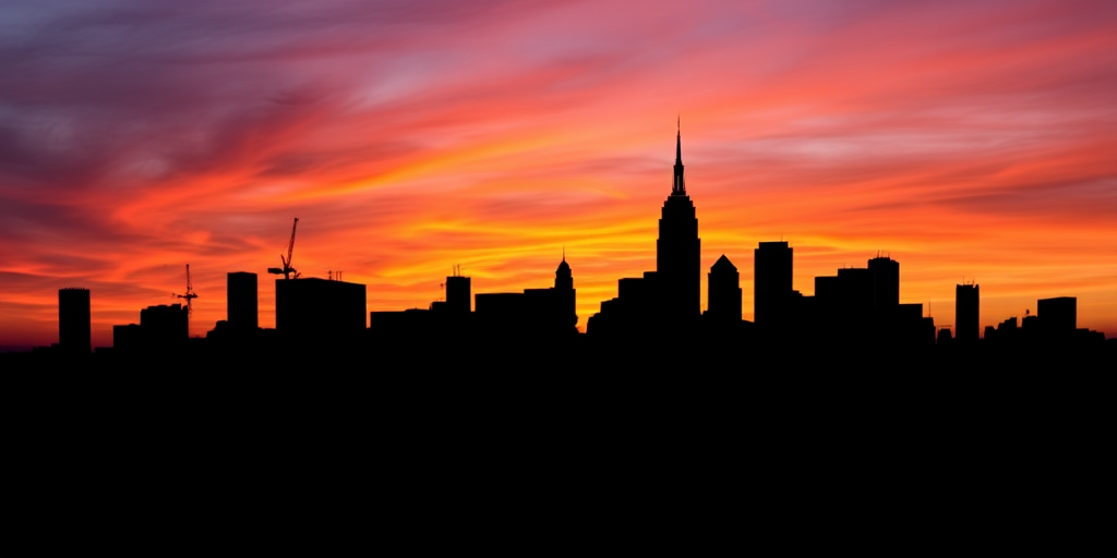 Generate a high-quality image of a black silhouette of a city skyline during sunset with vibrant orange and purple sky, using a DSLR camera with a 50mm lens, f/2.8 aperture, ISO 100, and a wide-angle view.