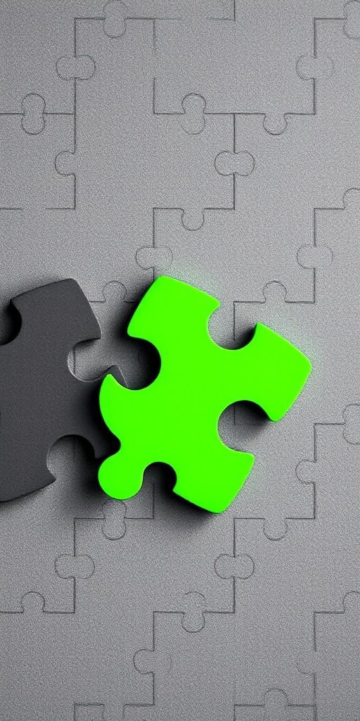 create an image of three interlocking jigsaw puzzle pieces, two in dark grey and one in bright green, flat lay perspective, high resolution, DSLR camera settings: f/4 aperture, ISO 100, shutter speed 1/250 sec, natural lighting