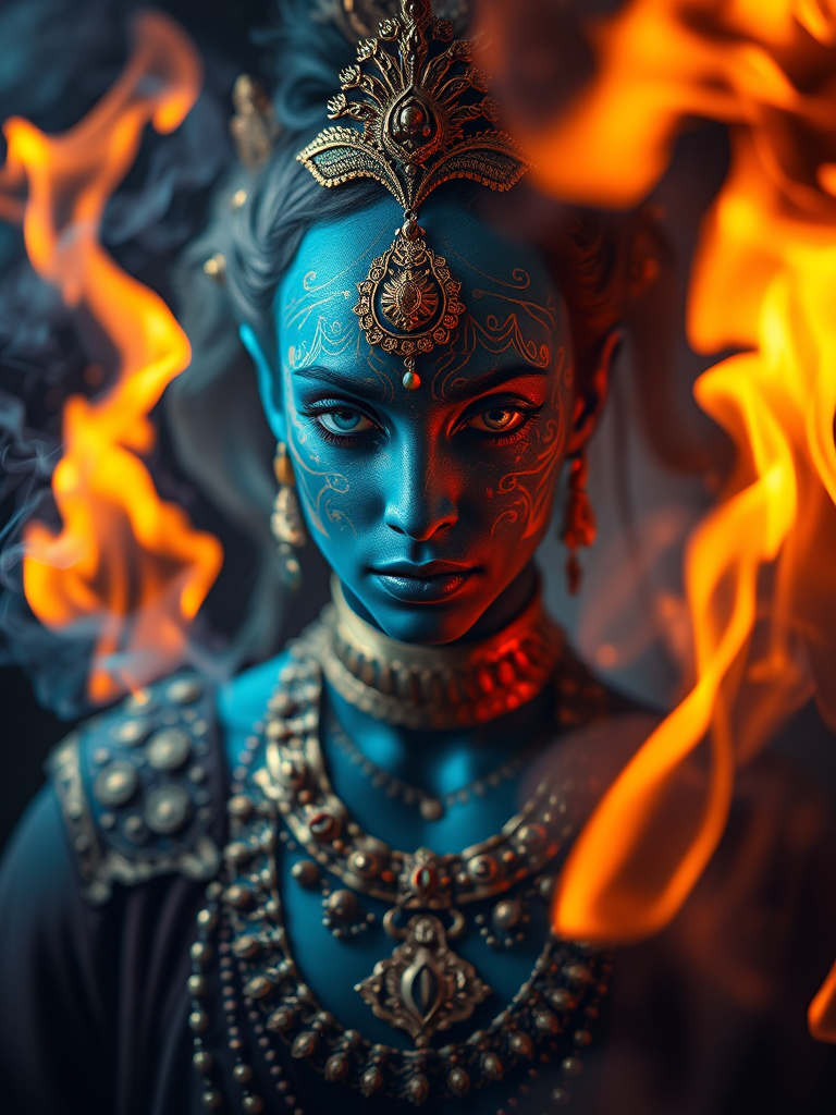 Regenerate an image of a striking figure with blue skin and intricate golden patterns, adorned with ornate jewelry, surrounded by vibrant flames and ethereal smoke, captured with a Canon EOS R5, 50mm lens, f/1.8 aperture, ISO 100, in low light with dramatic lighting and a shallow depth of field.