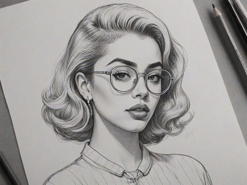 Gorgeous Kali Uchis, pencil sketch, portrait of Captivating woman 1955s in glasses, hair style beatnik, outline, clear lines, fine lines, 8k